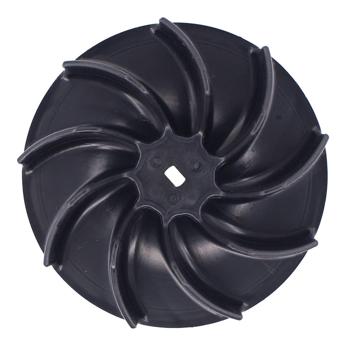 Black plastic impeller fan face view with central hole and curved blade vanes