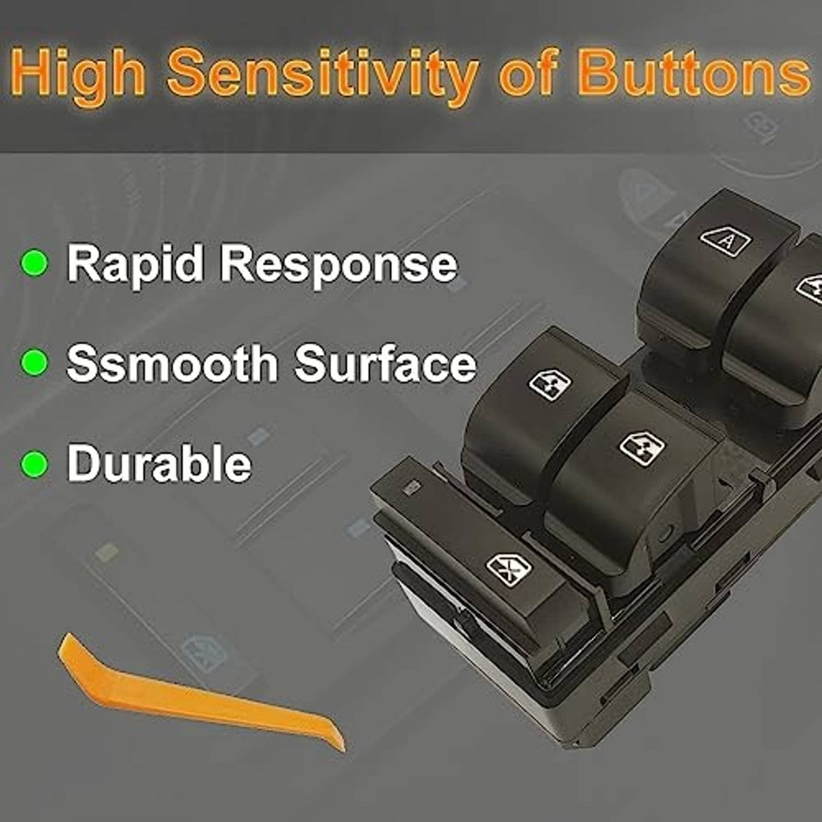 Black power window master switch with four raised button controls