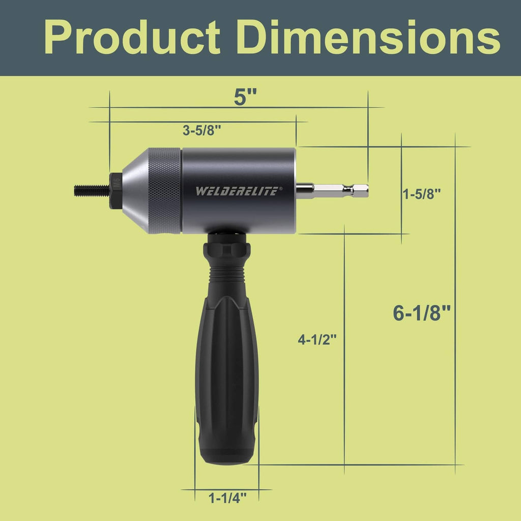 Gray rivet nut drill adapter kit with product dimensions diagram and handle