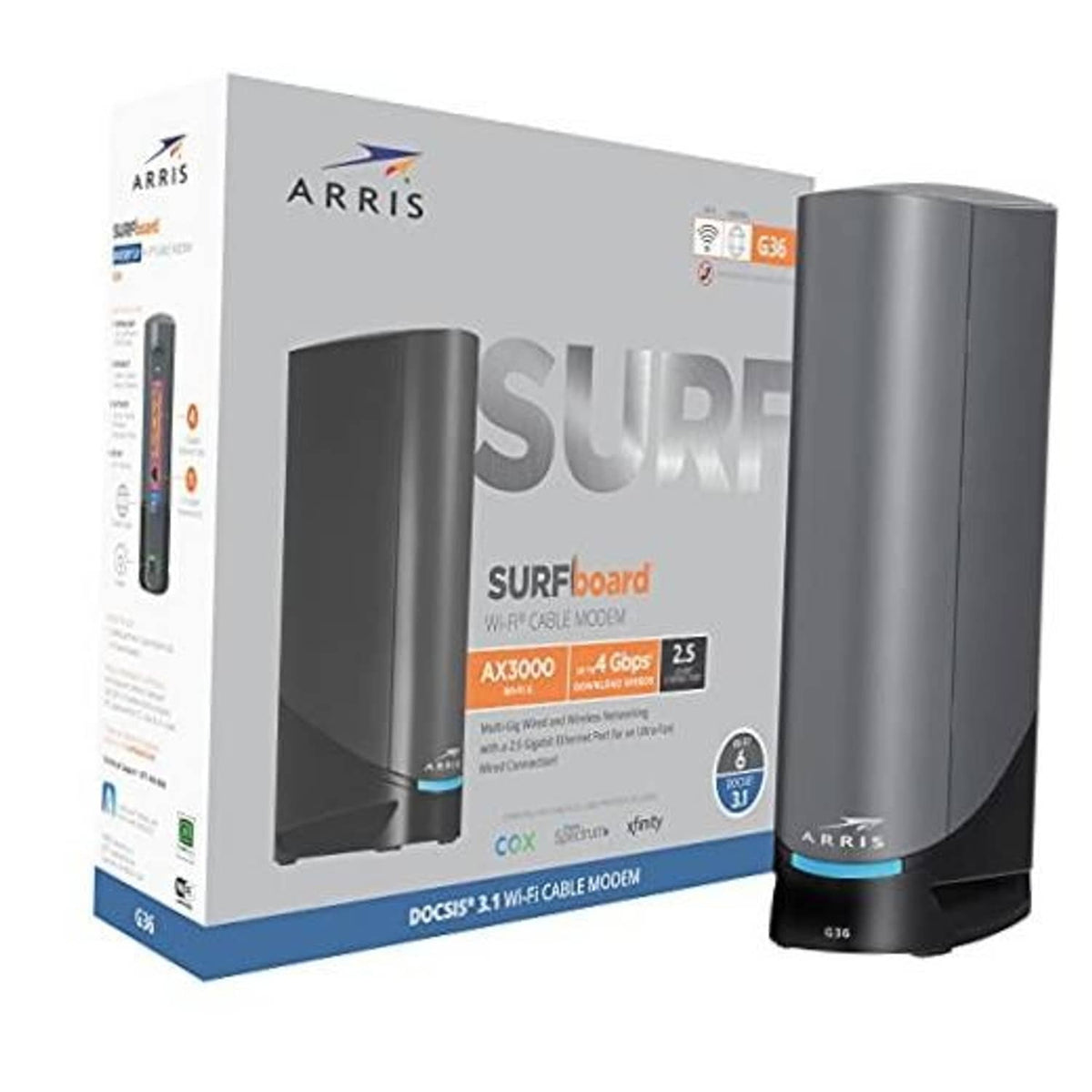 ARRIS SURFboard G36 DOCSIS 3.1 cable modem, black tower unit with ARRIS logo
