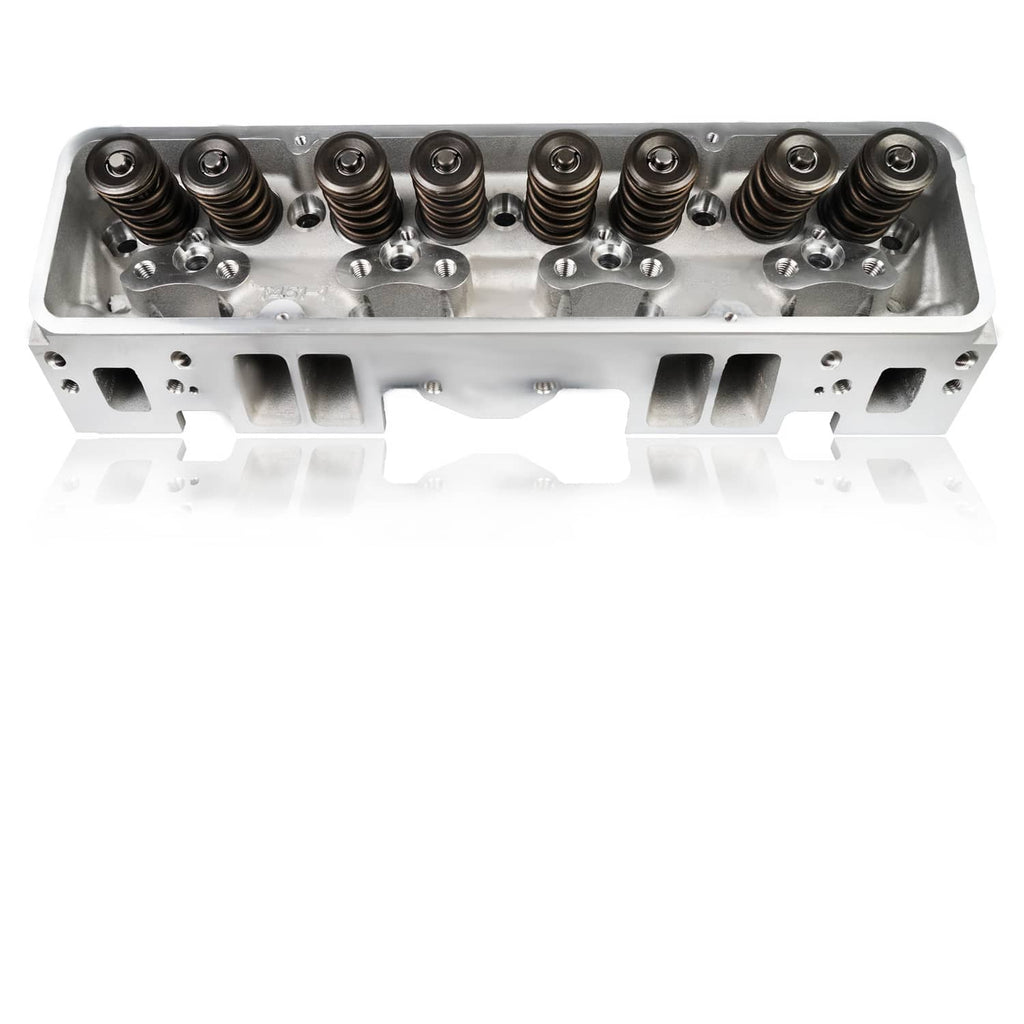 Aluminum cylinder head with valve springs, rocker area and port openings, silver