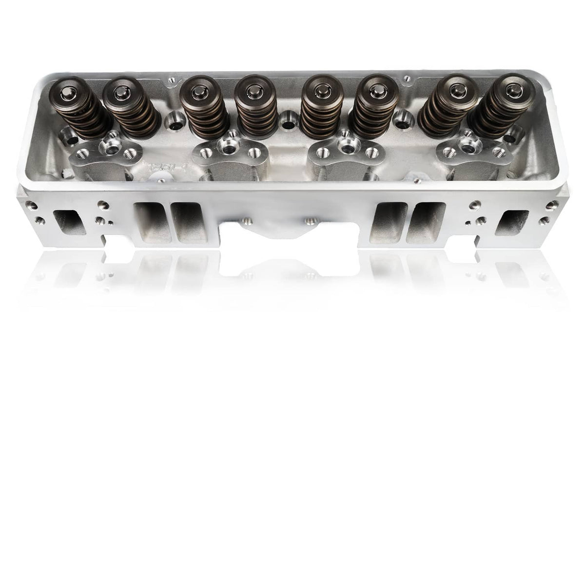 Aluminum cylinder head with valve springs, rocker area and port openings, silver