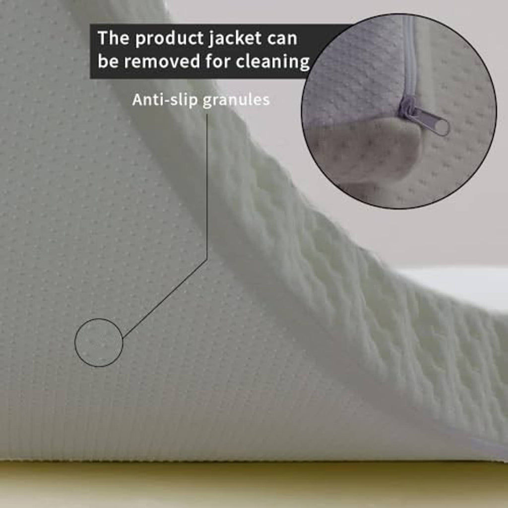 Grey removable cover edge of a massage table topper with visible zipper and pull tab