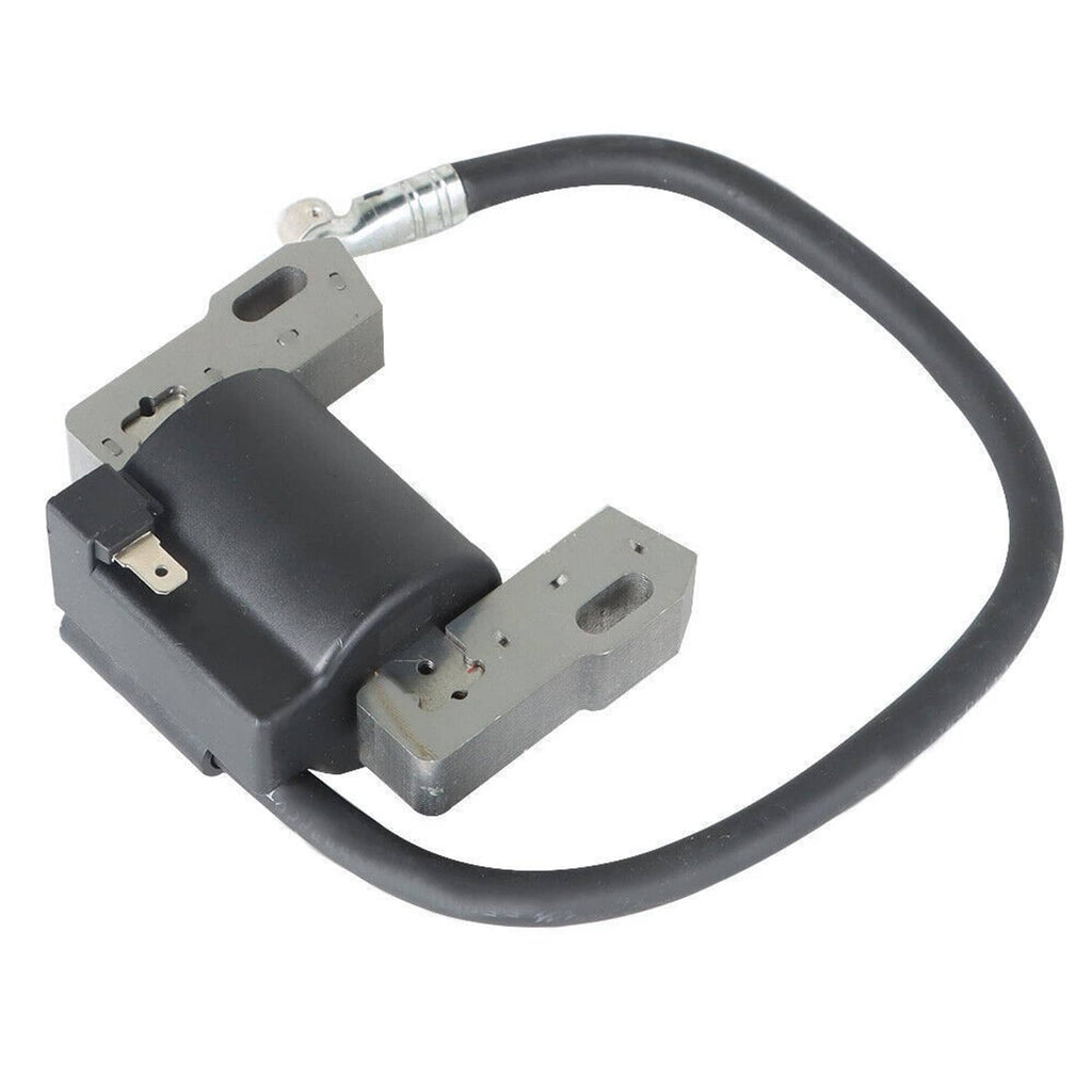 Ignition coil assembly with black cable, silver brackets, and metal terminal connector