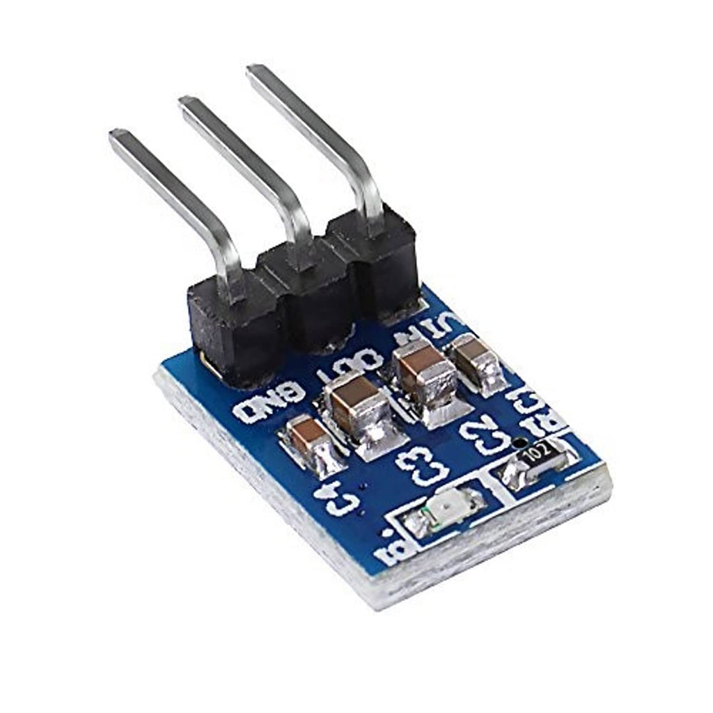 Blue AMS1117 3.3V step-down regulator module with three long metal pins and SMD parts