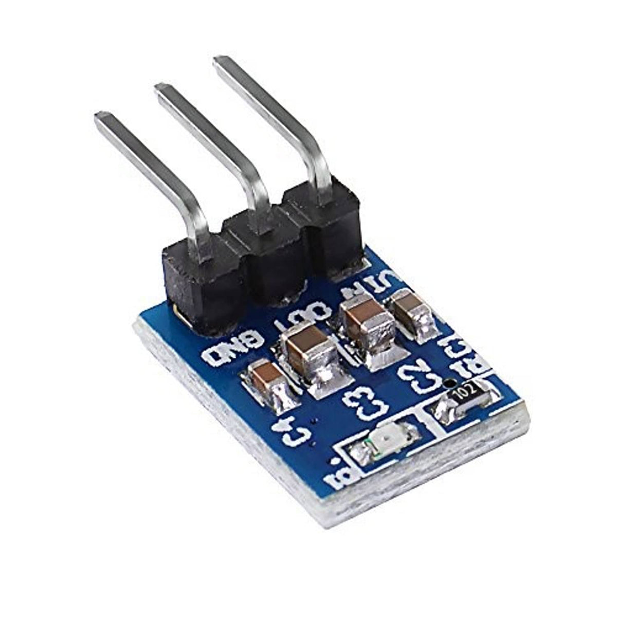 Blue AMS1117 3.3V step-down regulator module with three long metal pins and SMD parts
