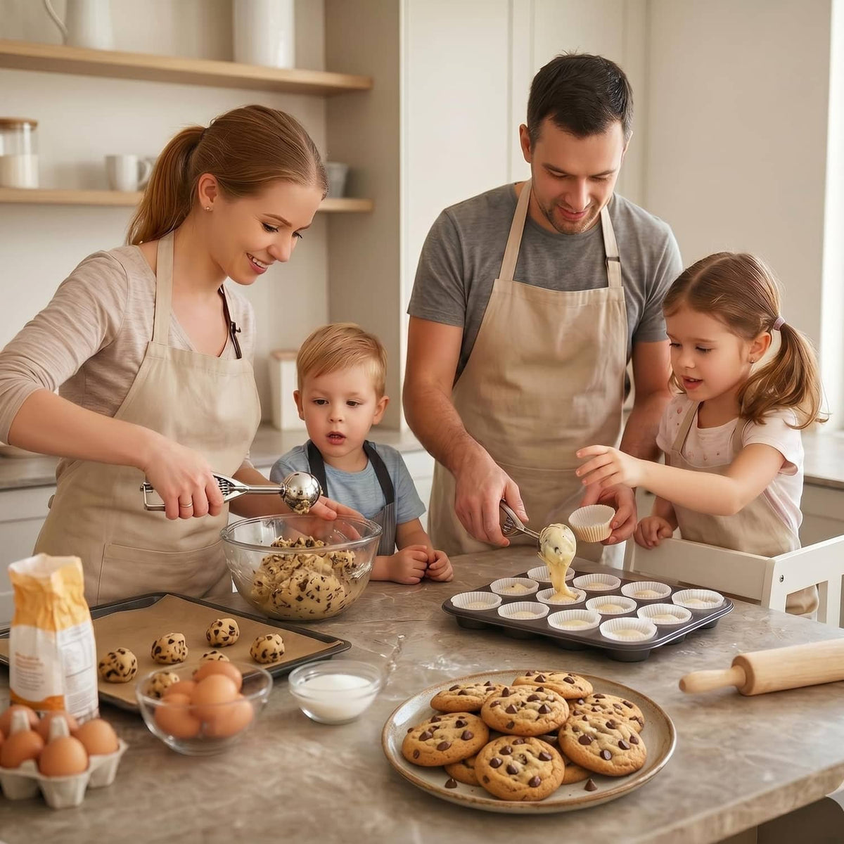 Stainless steel cookie scoop set used at home to portion cookies