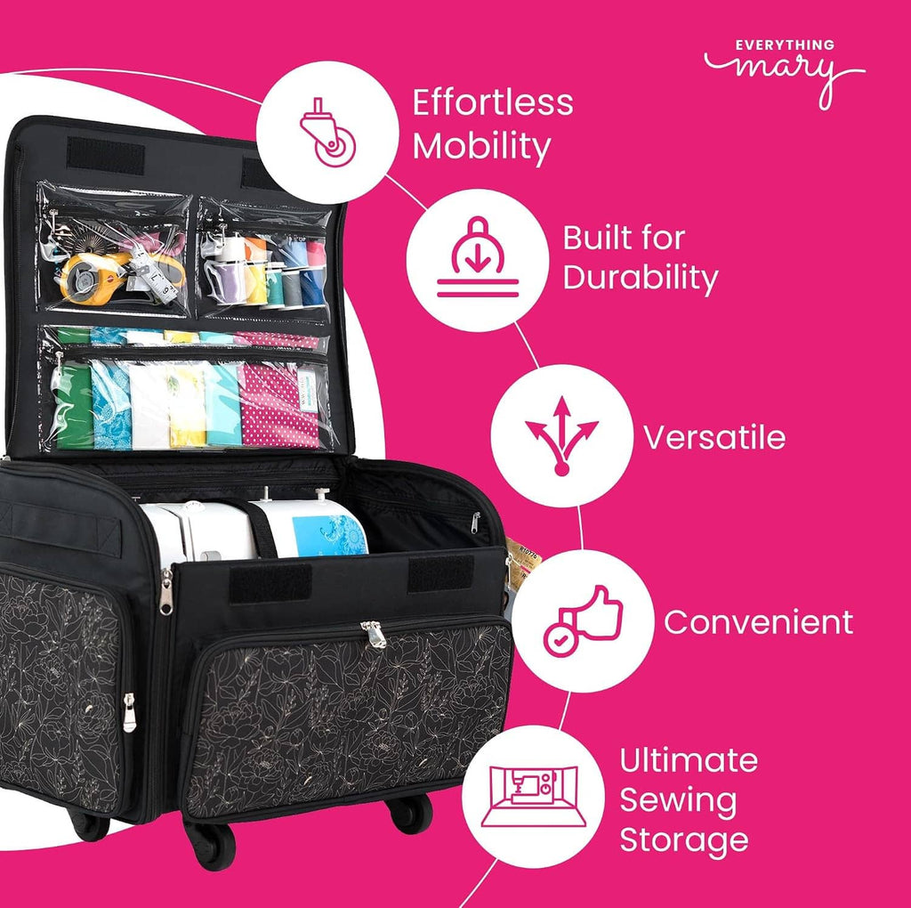 Rolling sewing machine storage case with wheels, open interior showing organizer shelves