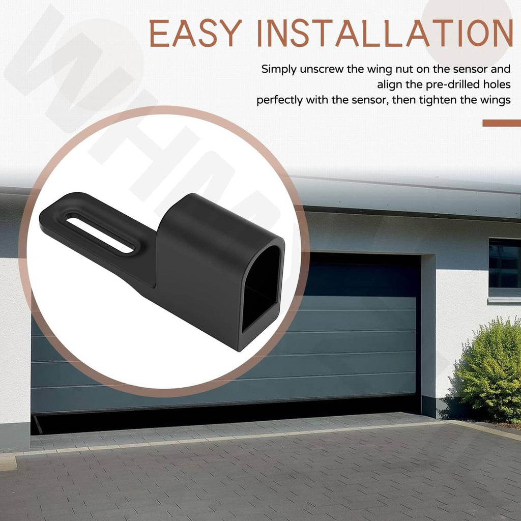 Garage door sensor sun shade protector, black plastic wing with long oval opening