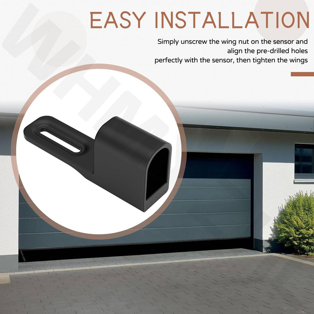 Garage door sensor sun shade protector, black plastic wing with long oval opening