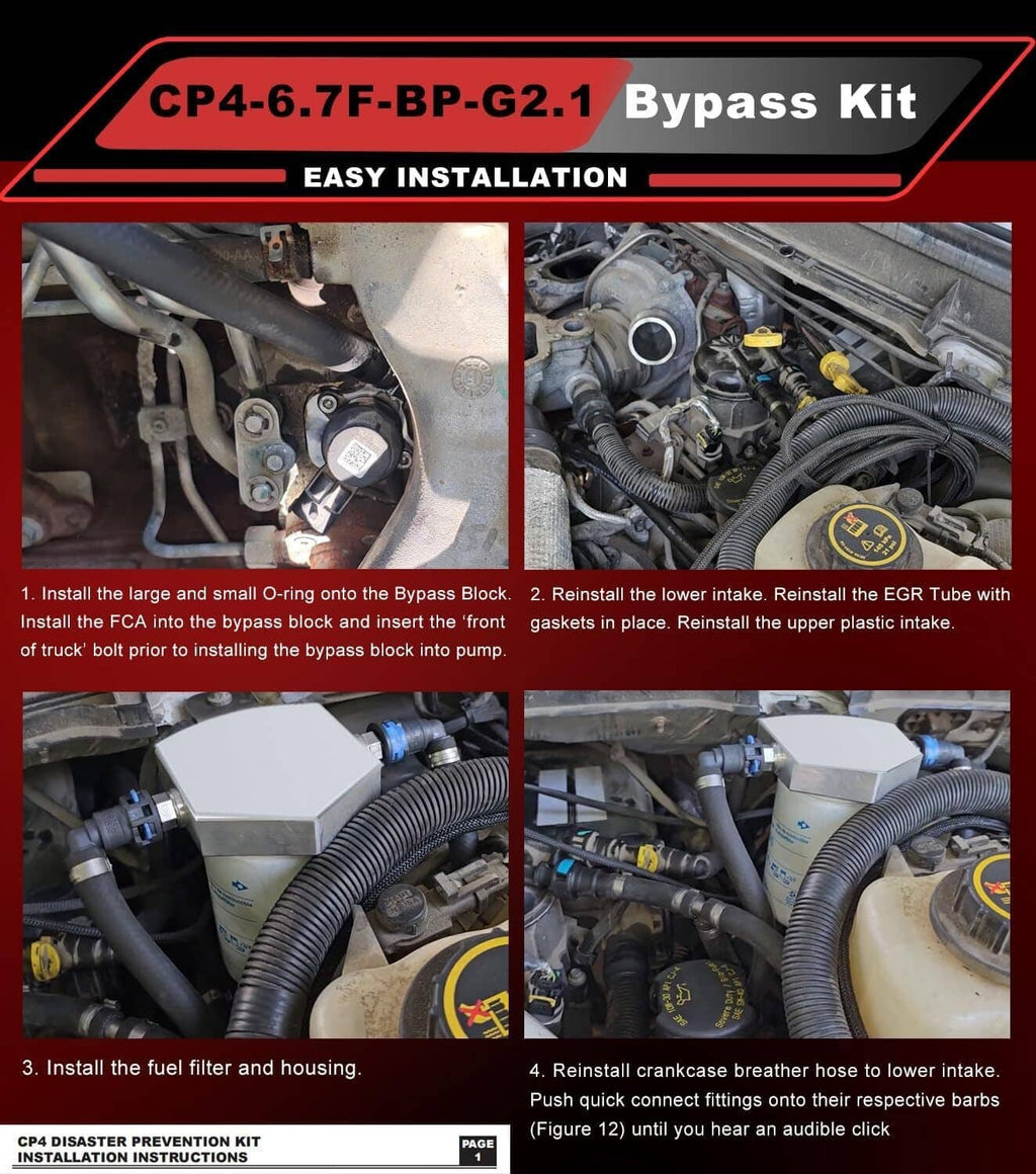 Bypass kit instruction sheet showing white canister and black hose routing photos