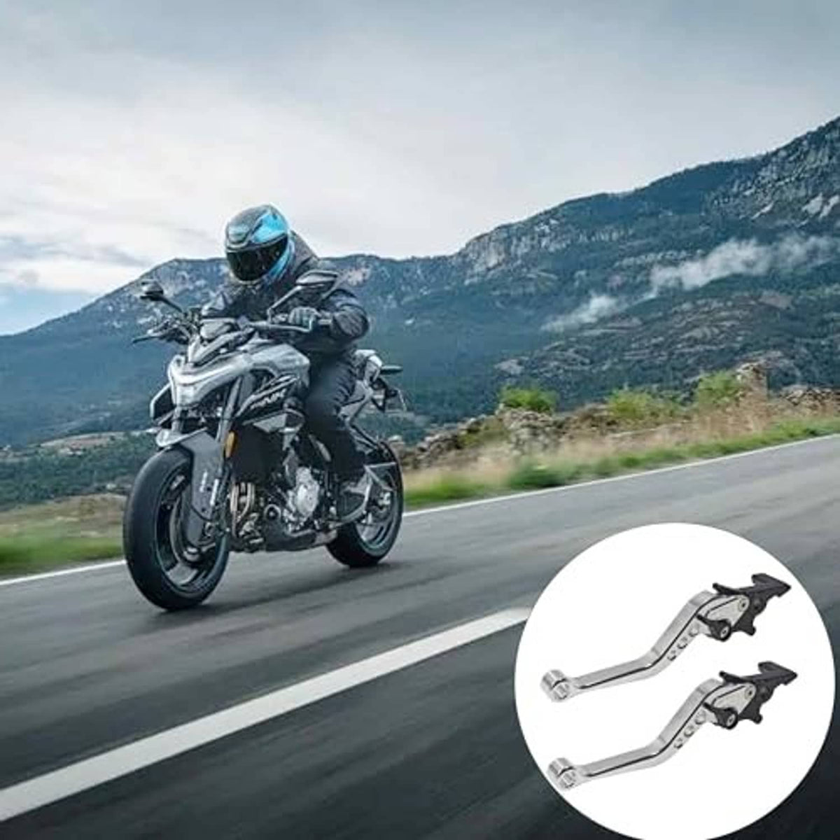 Silver motorcycle brake and clutch levers with black pivot brackets
