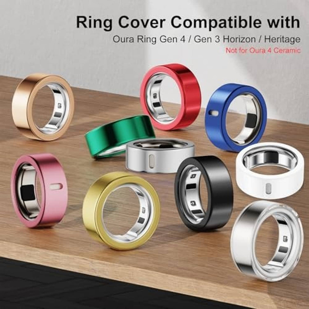 Set of ring covers with metal bands in pink, rose, gold, green, blue, black, and silver
