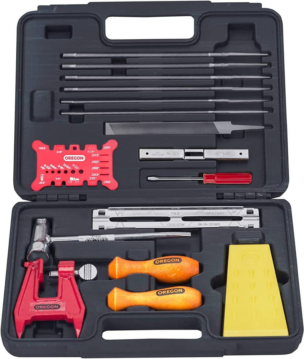 Chainsaw chain sharpening kit in hard case with files, handles, red guide, yellow depth gauge