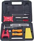 Chainsaw chain sharpening kit in hard case with files, handles, red guide, yellow depth gauge