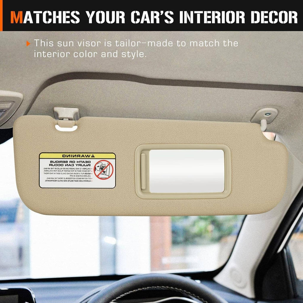 Beige sun visor with mirror cutout and mounting clips, passenger side