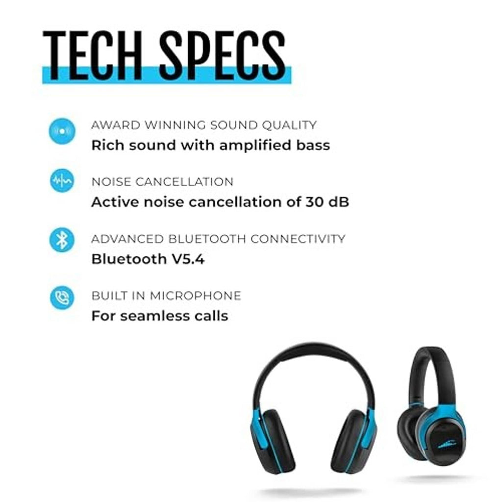 Over-the-ear sport headphones with black headband and blue ear cup accents