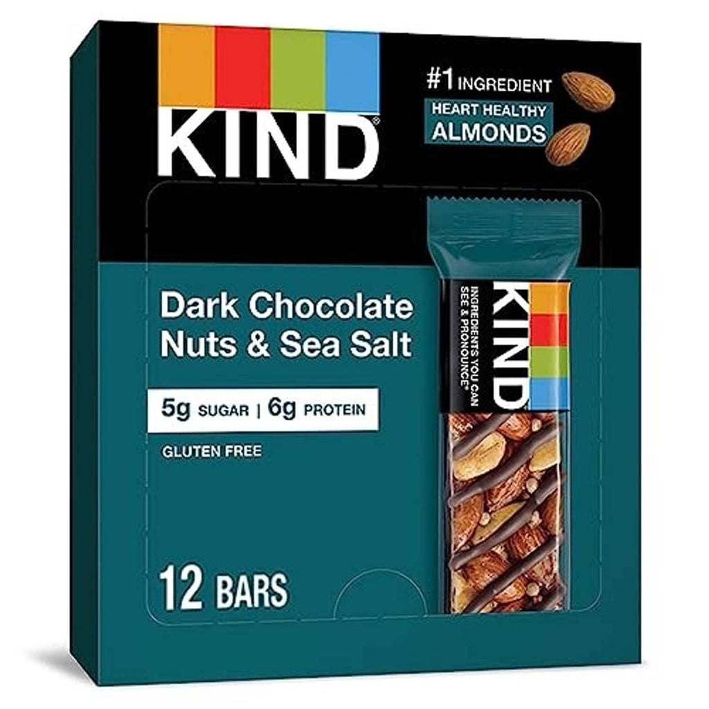 Kind dark chocolate nuts and sea salt snack bar box with single bar