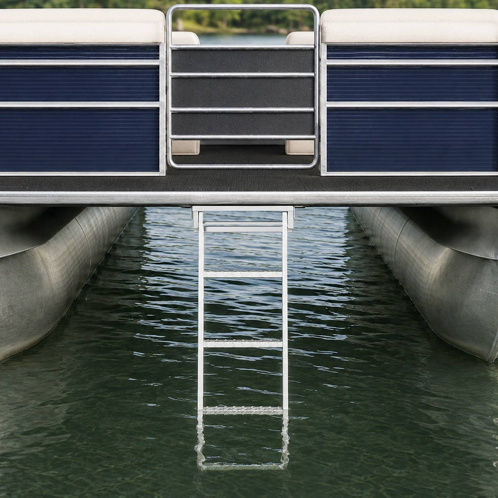 Under-deck 4-step ladder with silver side rails hanging between pontoon panels