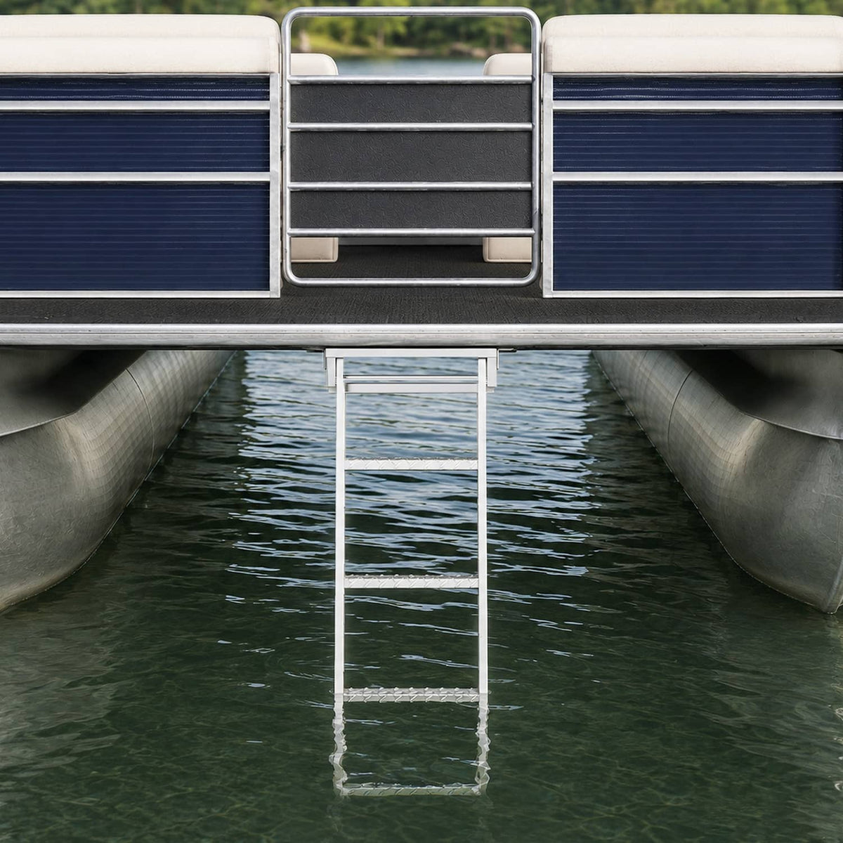 Under-deck 4-step ladder with silver side rails hanging between pontoon panels
