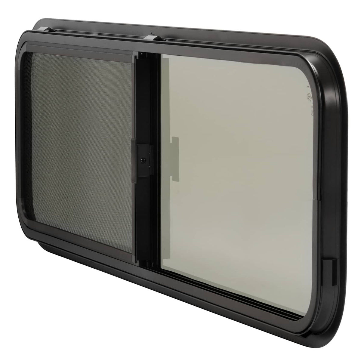 RV sliding window with black mounting frame and tinted glass view