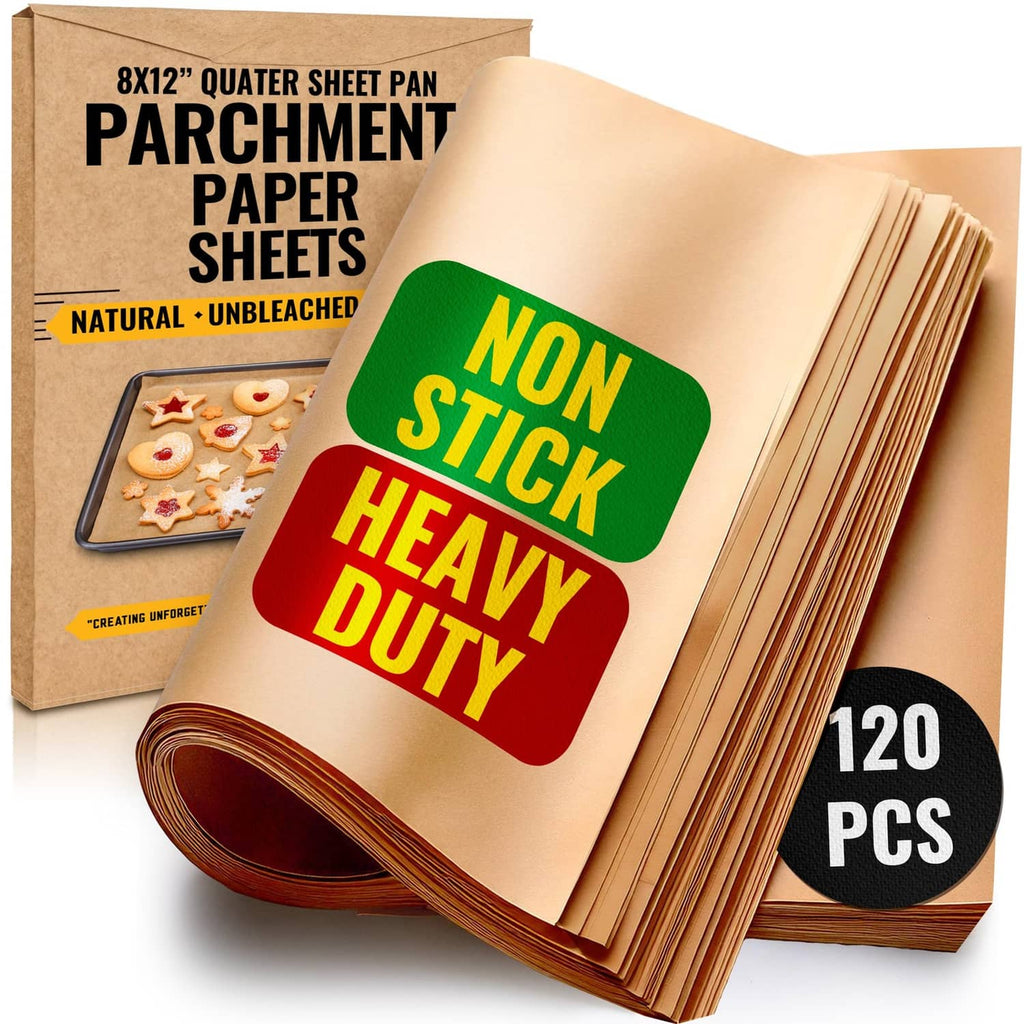 Unbleached natural brown parchment paper sheets, 8 x 12 in, 120-count pack with box