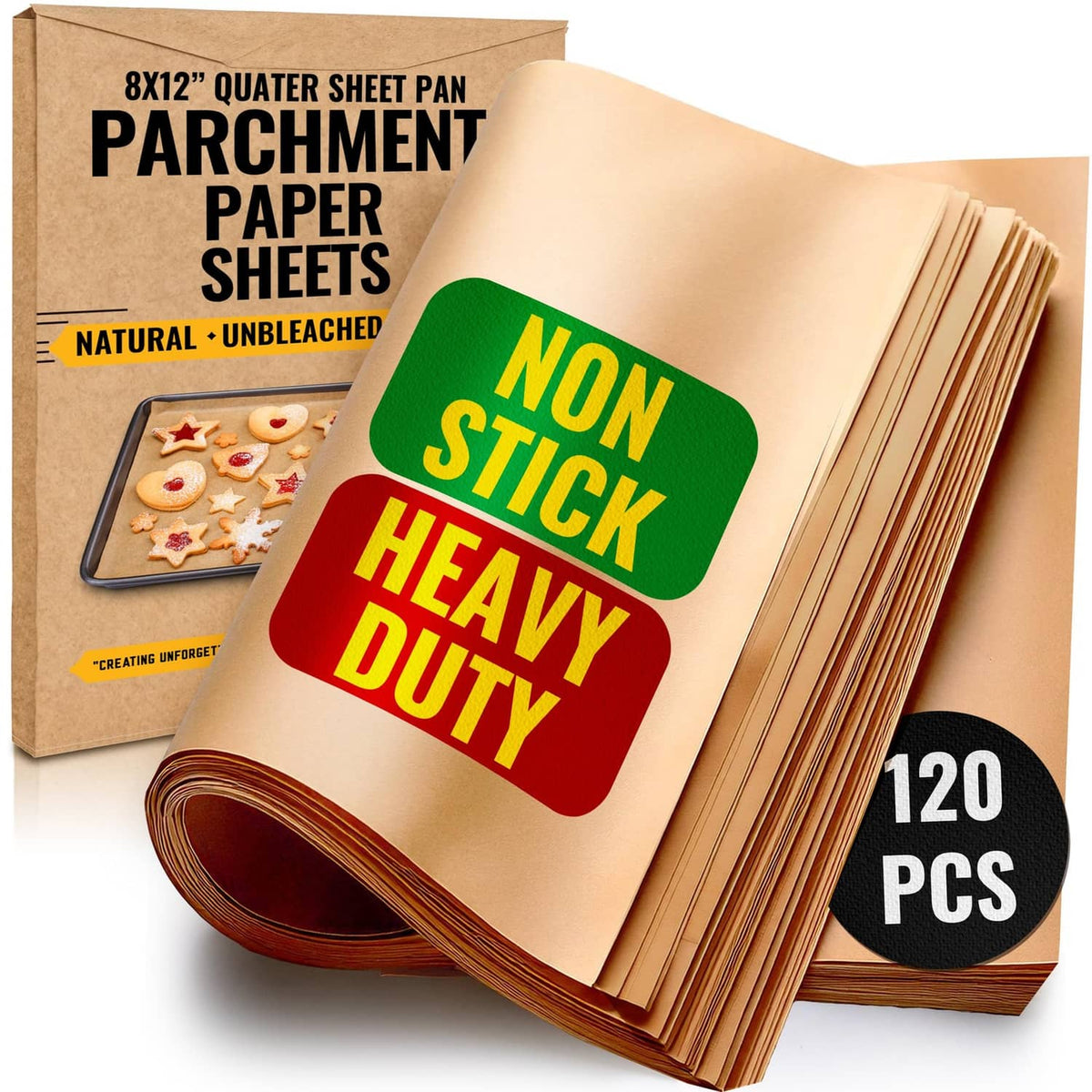 Unbleached natural brown parchment paper sheets, 8 x 12 in, 120-count pack with box