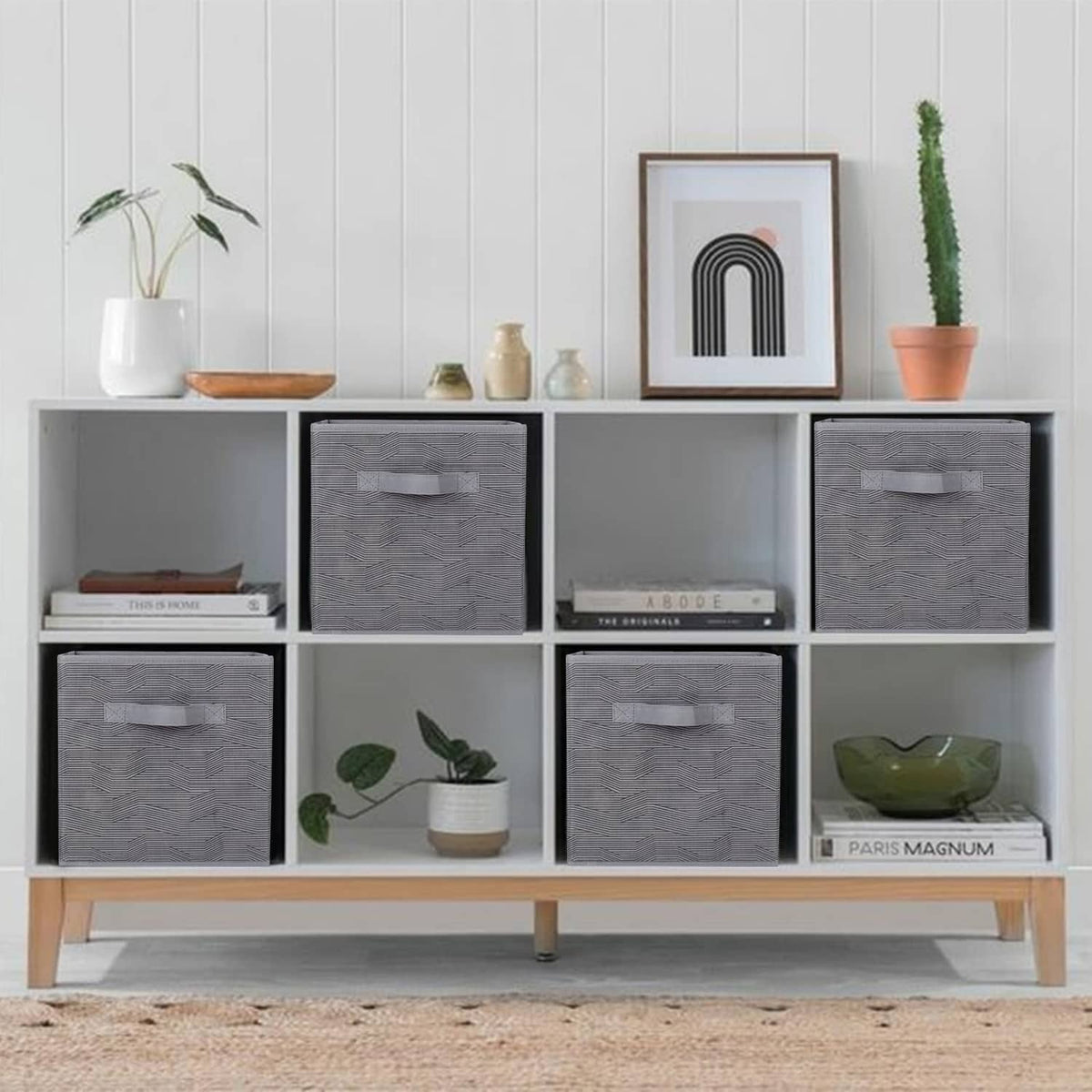 Set of foldable dark gray fabric storage bins with black stripe handles