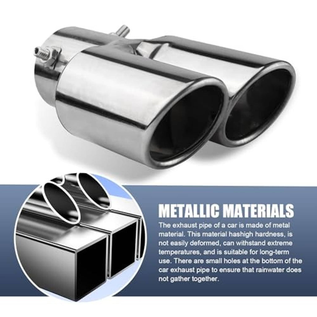 Silver stainless steel dual-outlet exhaust tip with twin round openings and clamp area
