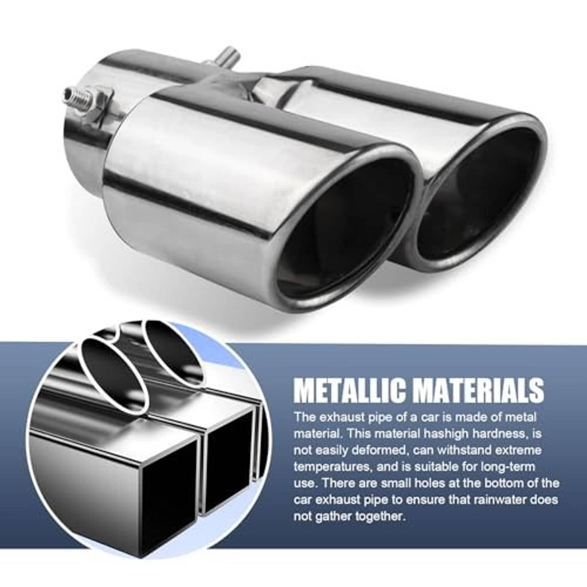 Silver stainless steel dual-outlet exhaust tip with twin round openings and clamp area