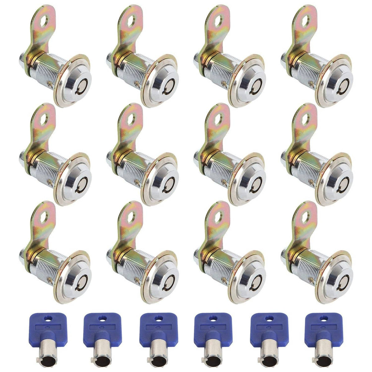 Keyed-alike cam locks set: 12 chrome cylinders with 6 blue keys and cams