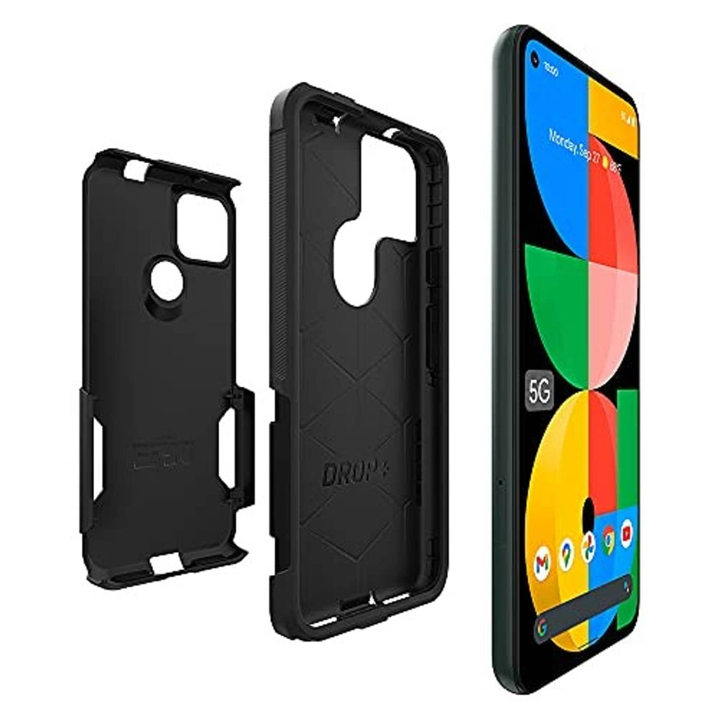 Black OtterBox Pixel 5a case, back and side views with camera cutout and port openings