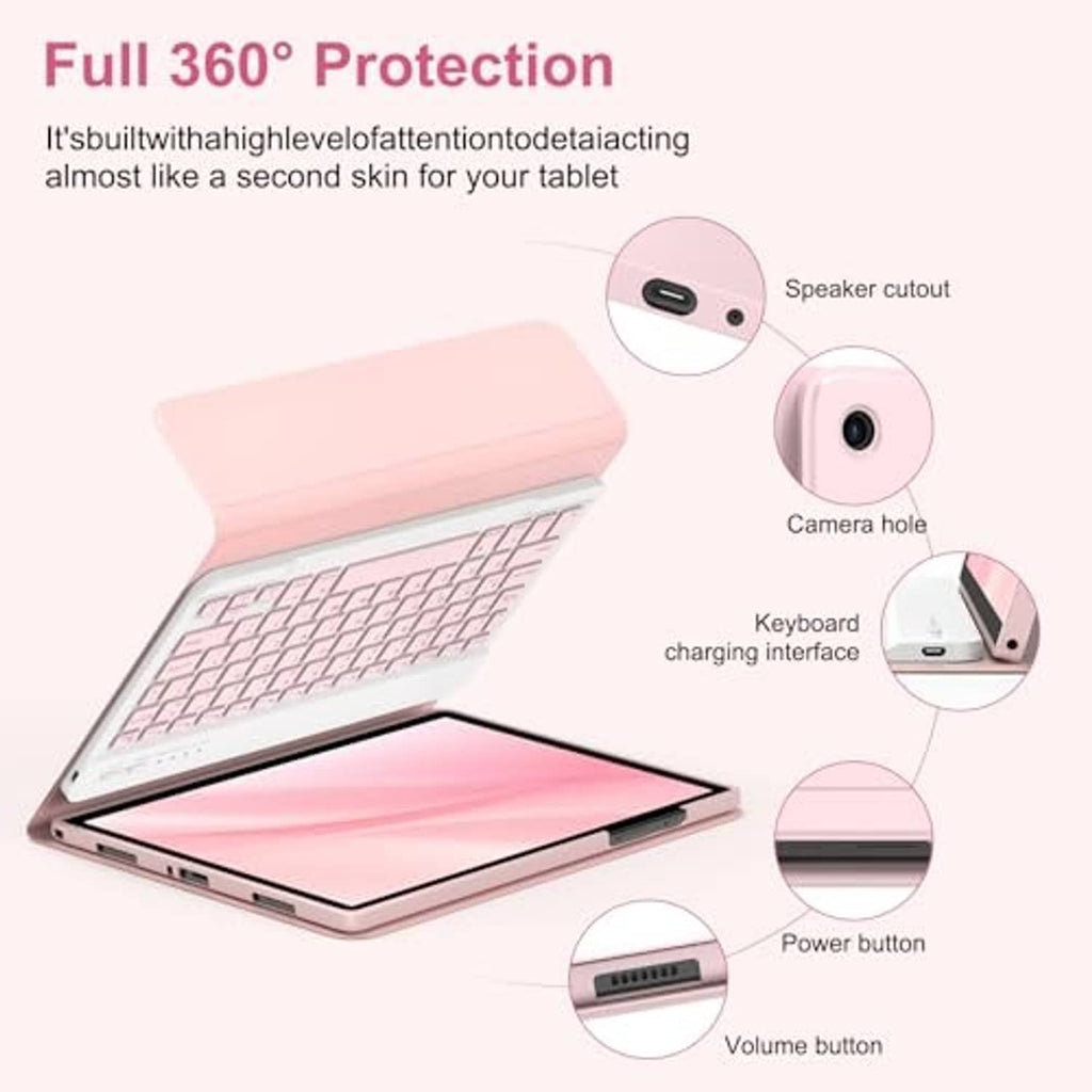 Pink folio keyboard case with speaker and camera cutouts for 11-inch tablet