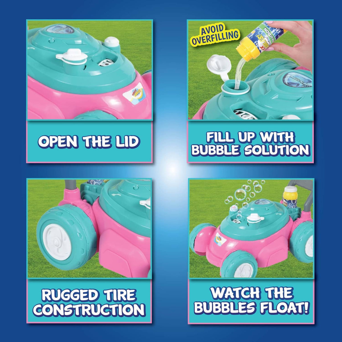 Teal-lid and pink-body bubble lawn mower toy shown in a four-panel instruction layout.