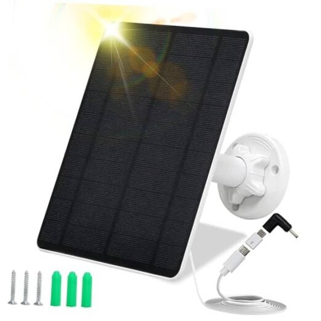 5W USB solar panel kit with white wall mount, cable, and mounting hardware