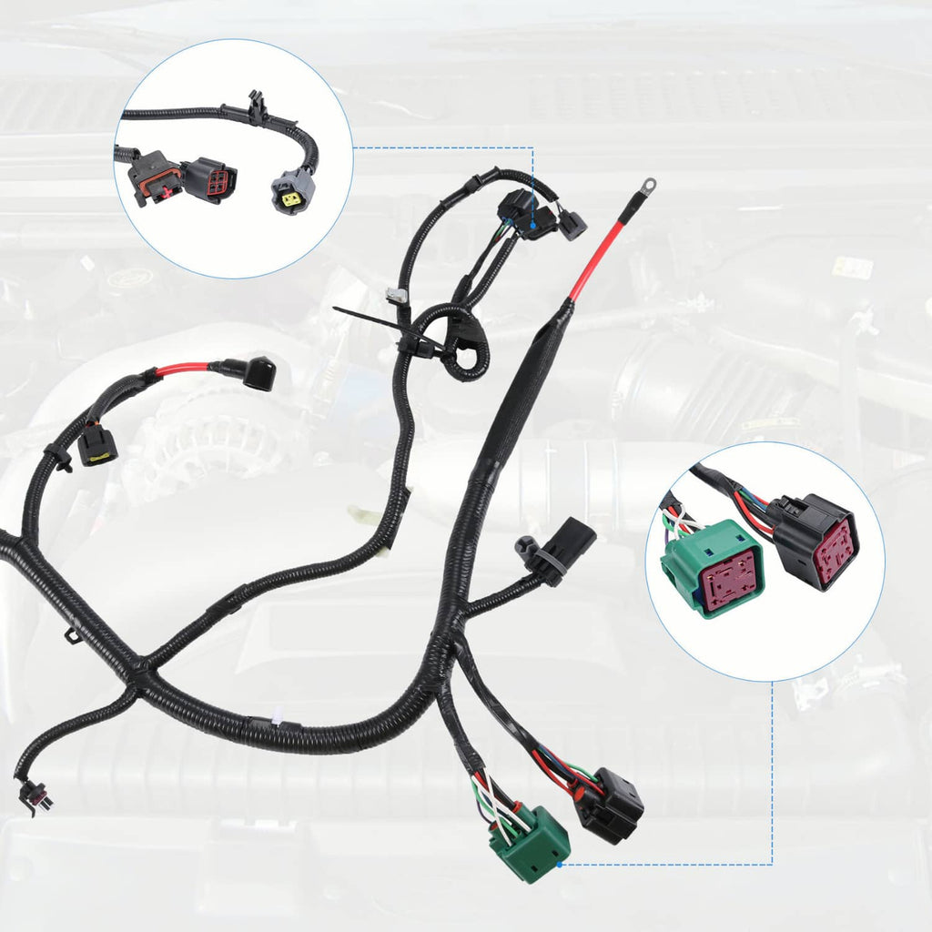 Engine wiring harness with black wiring, terminals, and green/red connector plugs