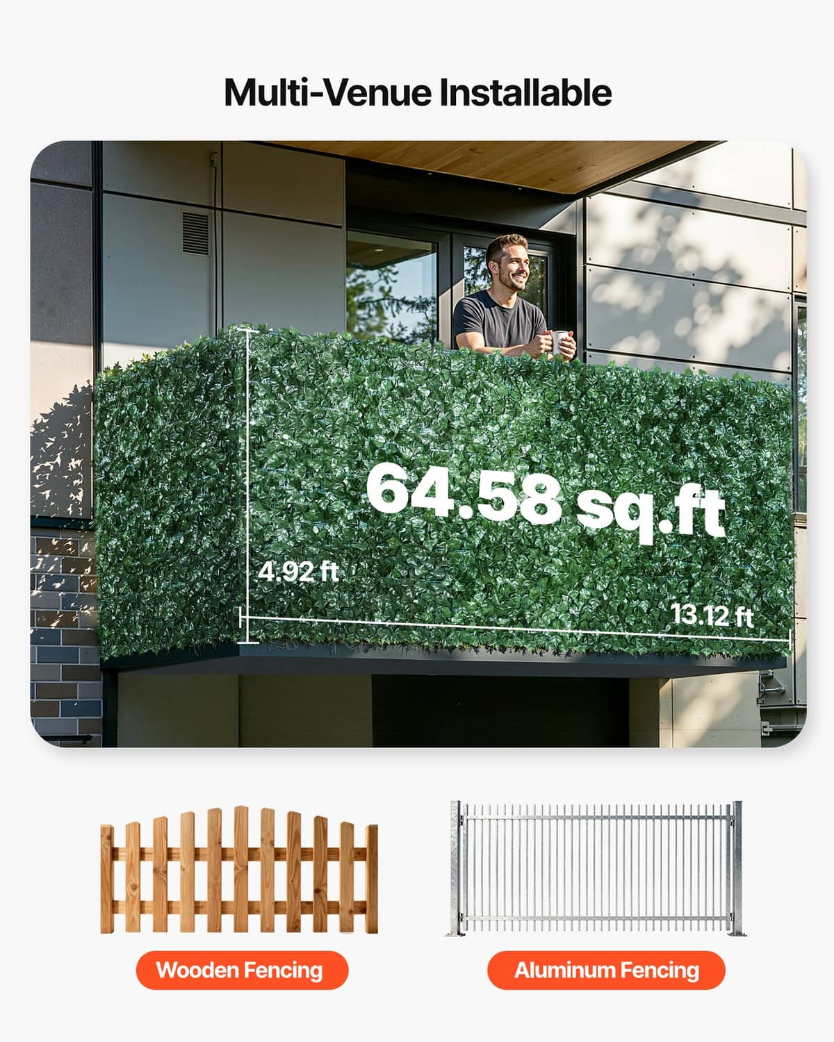Artificial faux ivy fence screen over railing with mesh-backed foliage coverage