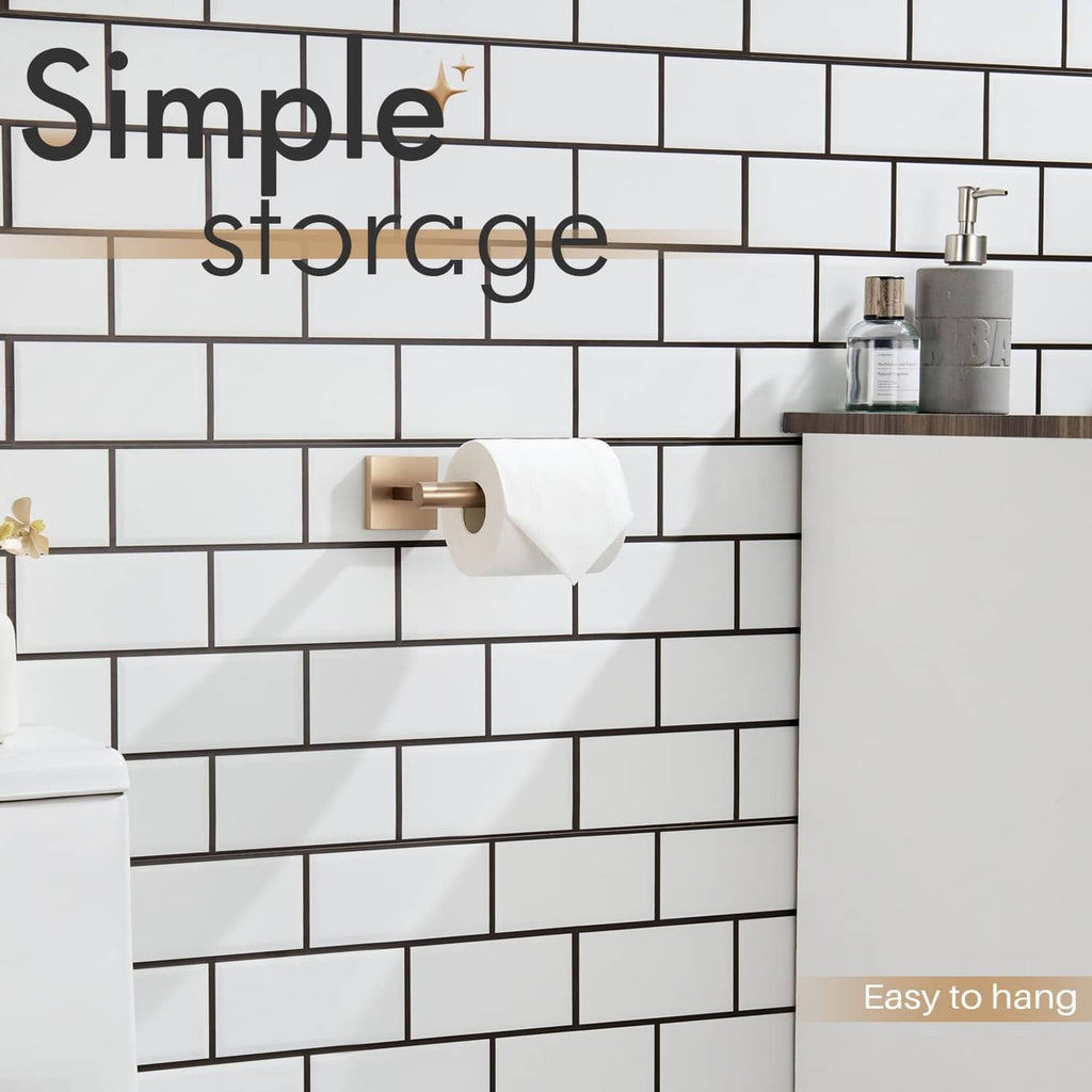 Wall-mounted toilet paper holder with roll on champagne bronze vertical bar