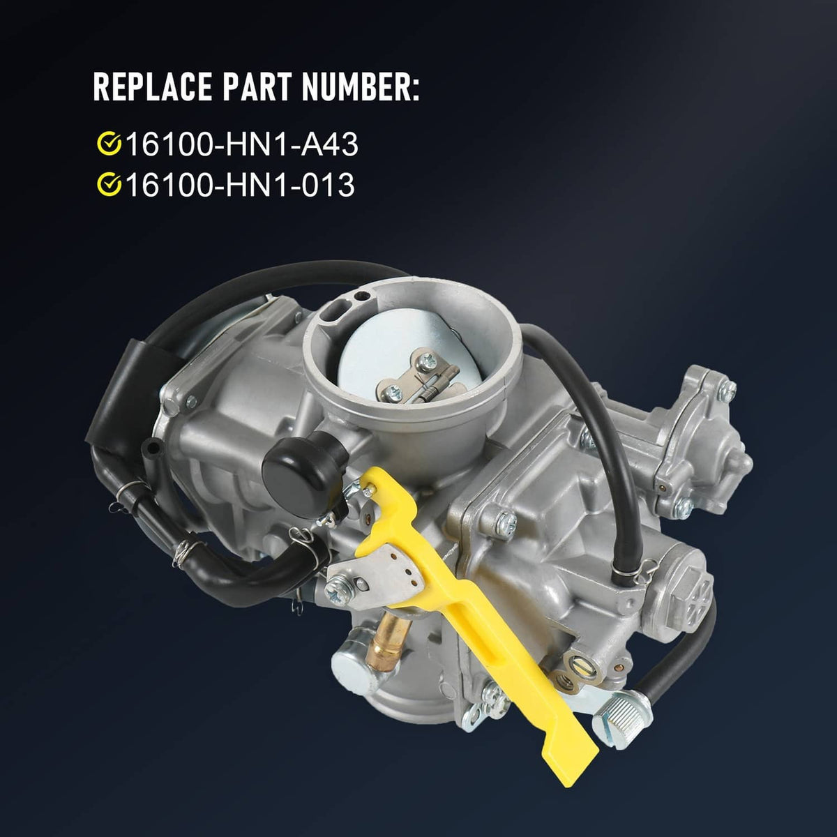 ATV carburetor with silver housing and black hoses, featuring a yellow choke lever