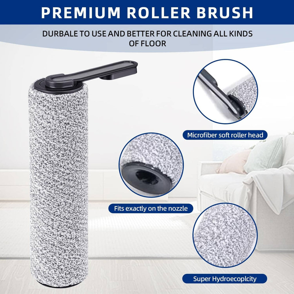 Speckled roller brush head replacement with microfiber pad and feature callouts