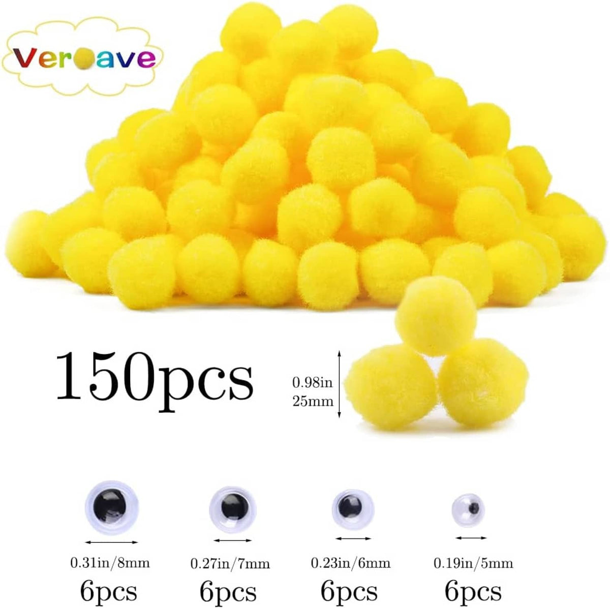Yellow pom poms pile with assorted sizes of black-and-white googly eyes