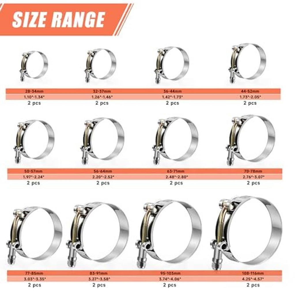 T-bolt hose clamp size range chart with clamp bands and screw heads
