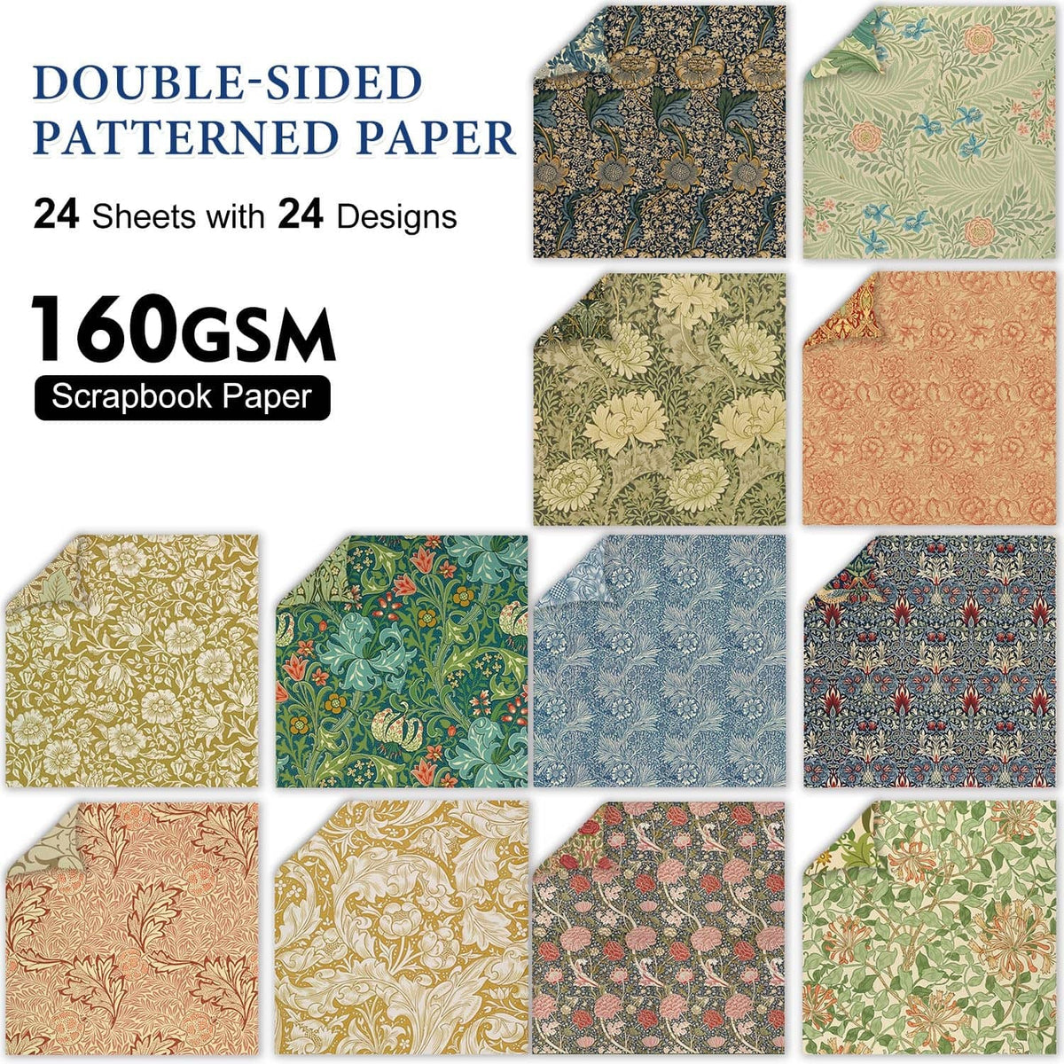 Double-sided classical floral scrapbook paper squares, 160gsm, 12x12, 24 sheets, 24 designs.