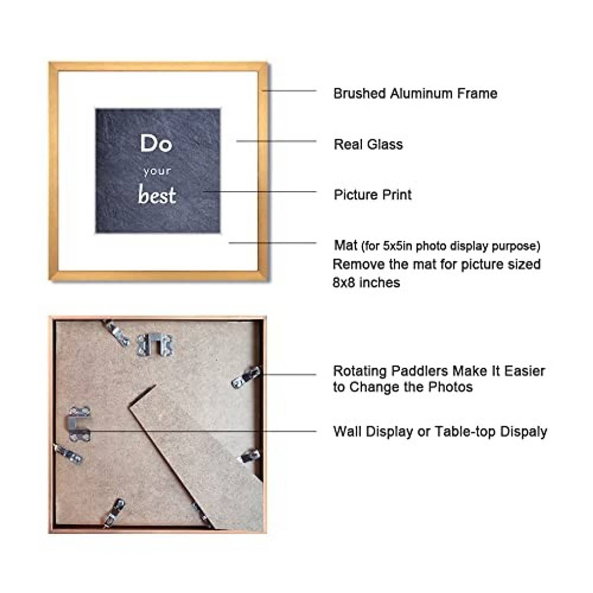 Square gold aluminum photo frame set showing mat, real glass, and rotating display hardware