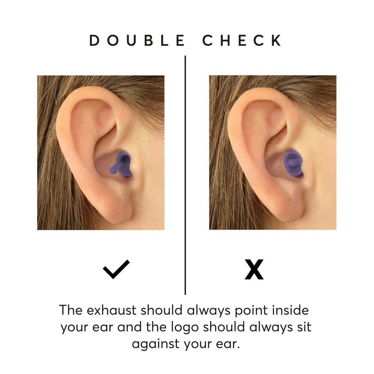 Ear with blue earplug showing correct fit versus incorrect fit, split view