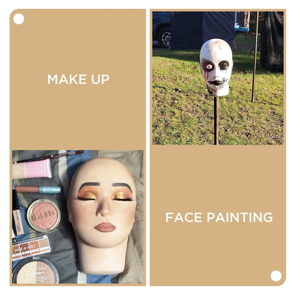 Beige face-painting mannequin head for makeup practice on a stand