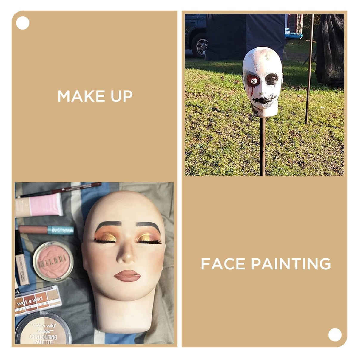 Beige face-painting mannequin head for makeup practice on a stand