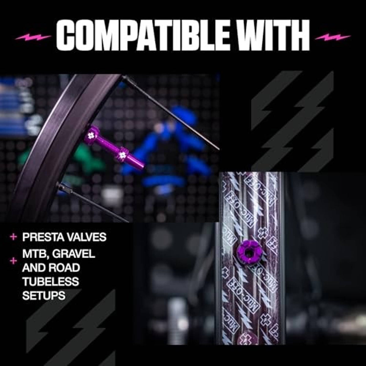 Purple Presta tubeless valve with black rubber base and valve cap