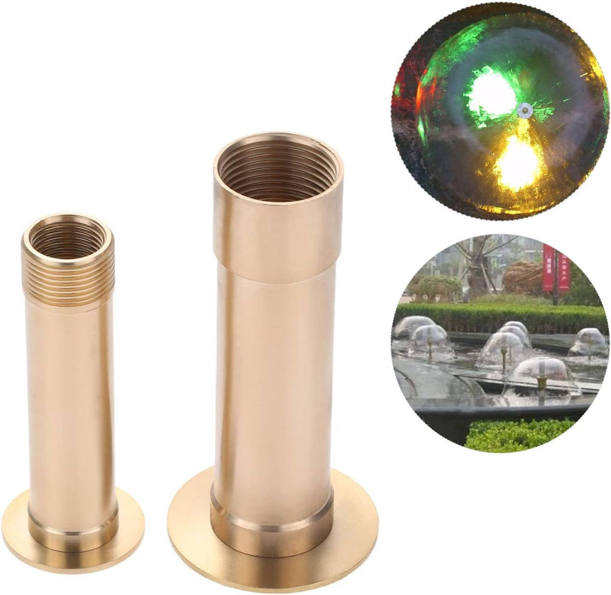 Brass fountain nozzle column set with circular LED light cap and reflective lens