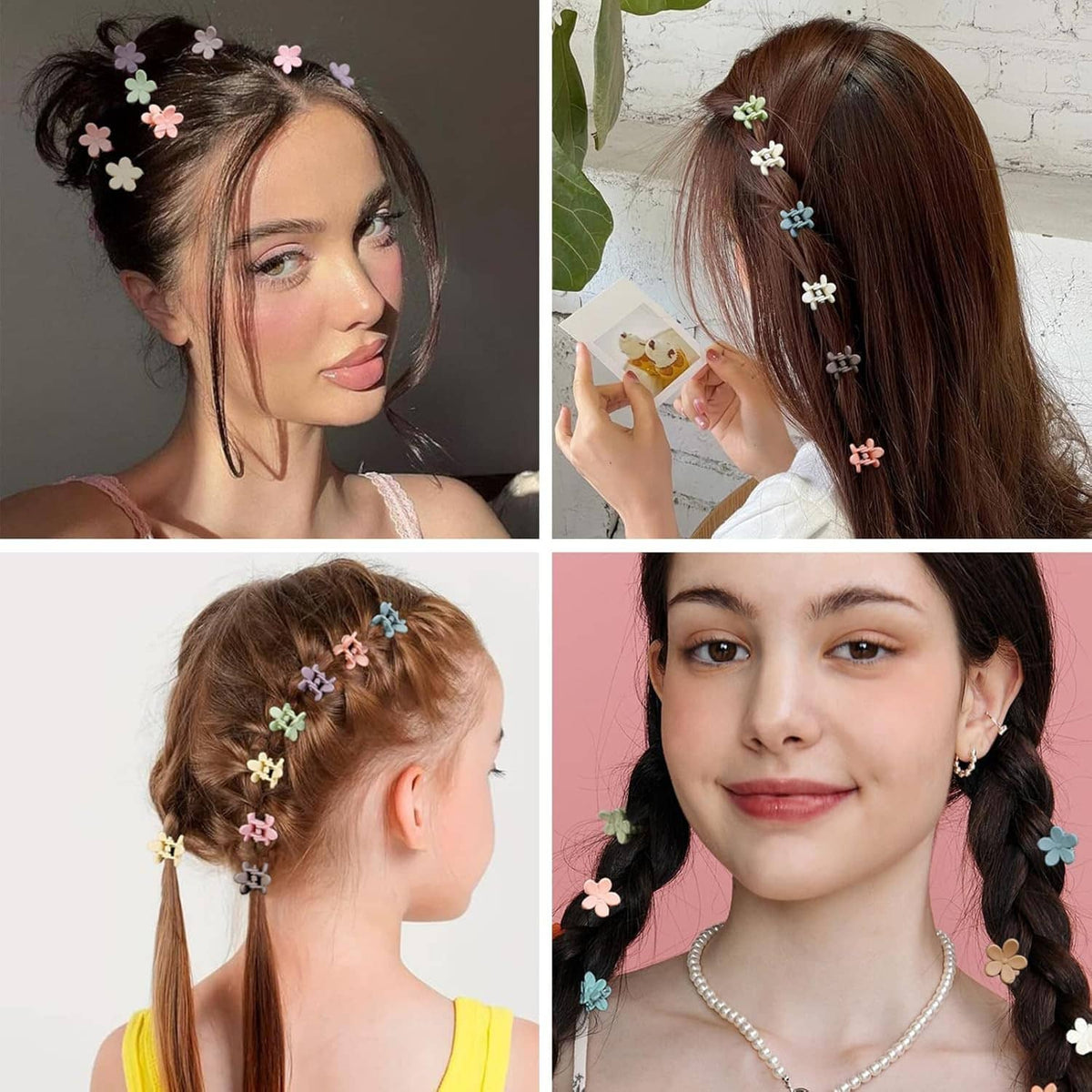 Woman wearing multiple pastel flower hair clips, mini claw clips on ponytail and braid